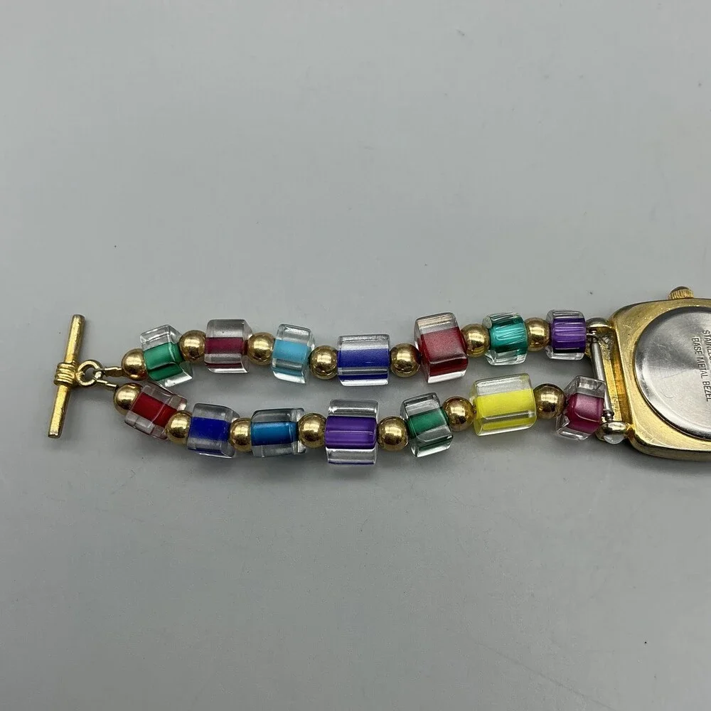 Infinity Womens Watch 24mm Gold Tone Multicolor Bead Bracelet New Battery 6.75